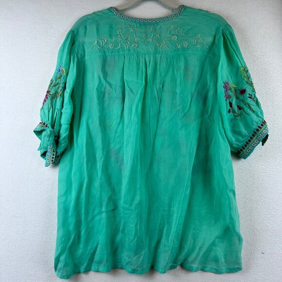 Johnny Was Embroidered Floral Tunic Top Green Boho V-Neck Tie Sleeve Womens M - Picture 12 of 12